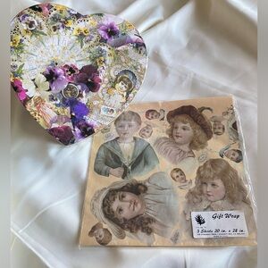 Victorian Purple Heart Shaped Decoupage Box & Gift Paper